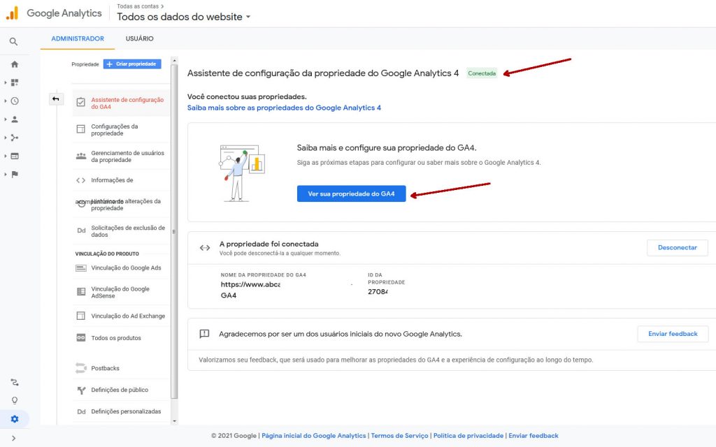 Analytics Criar propriedade GA4 Conectada