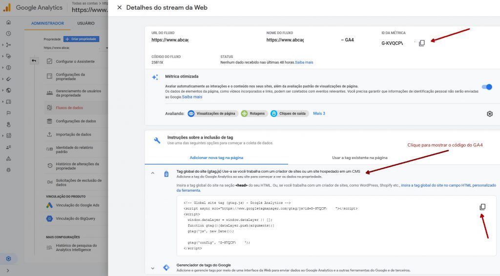 Analytics propriedade GA4 codigo site manual
