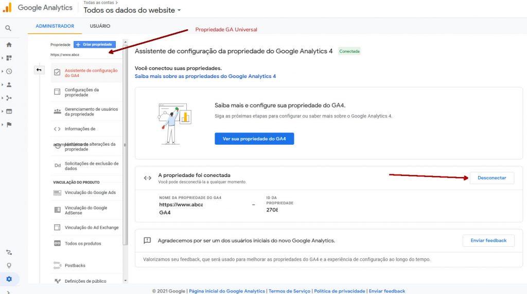 Analytics propriedade GA4 desconectar