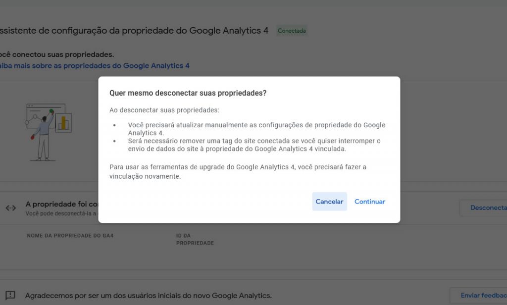 Analytics propriedade GA4 desconectar sim 