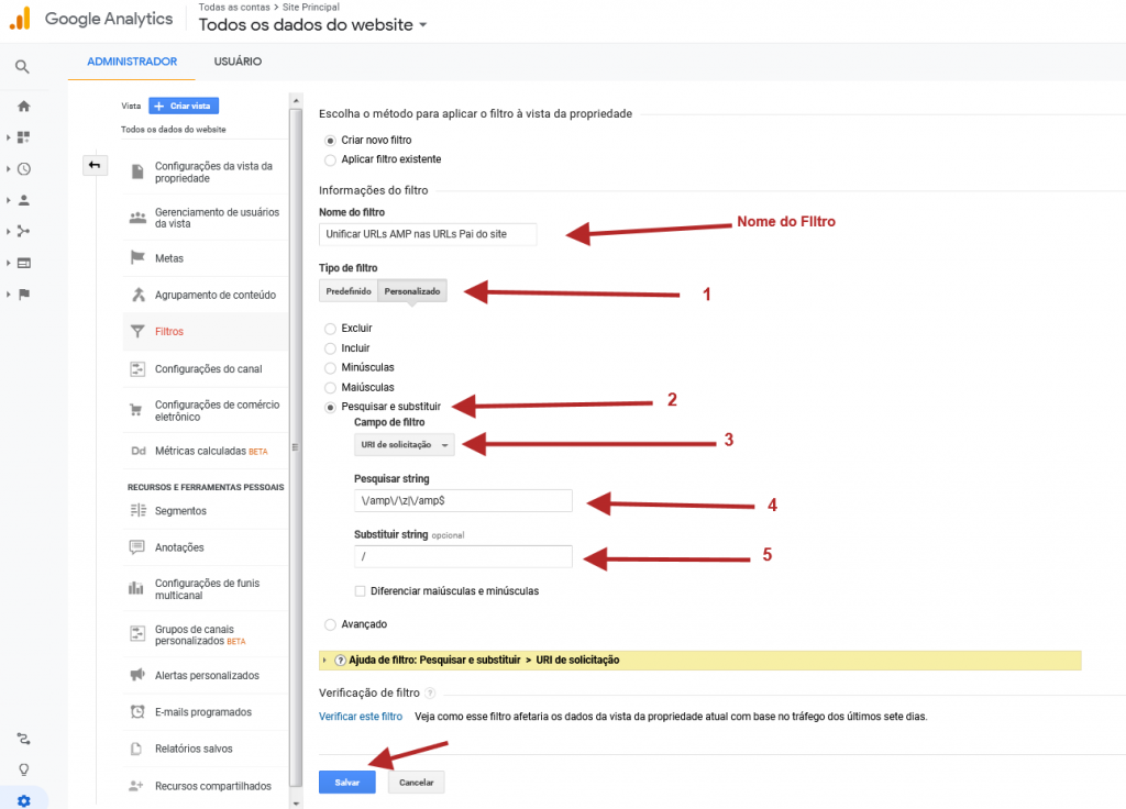 analytics google filtro pesquisar substituir