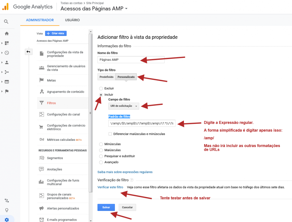 analytics google cadastro do filtro expressao regular