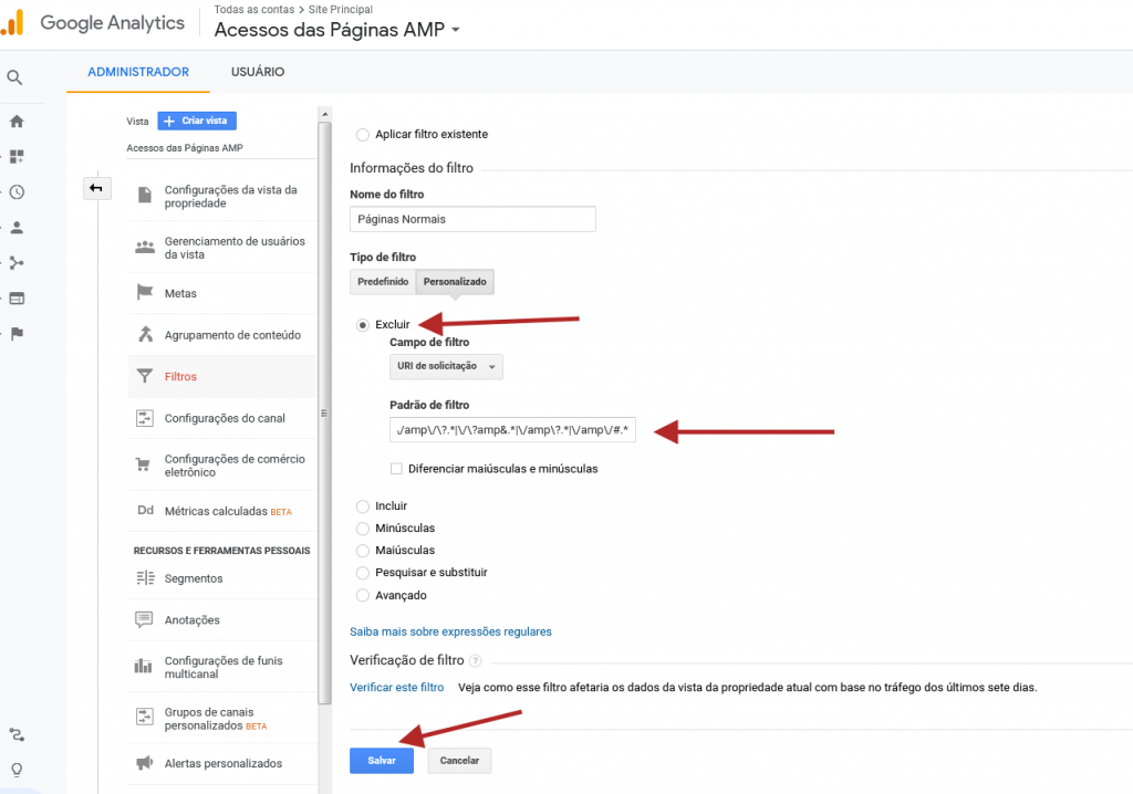 analytics google cadastro do filtro expressao regular paginas normais