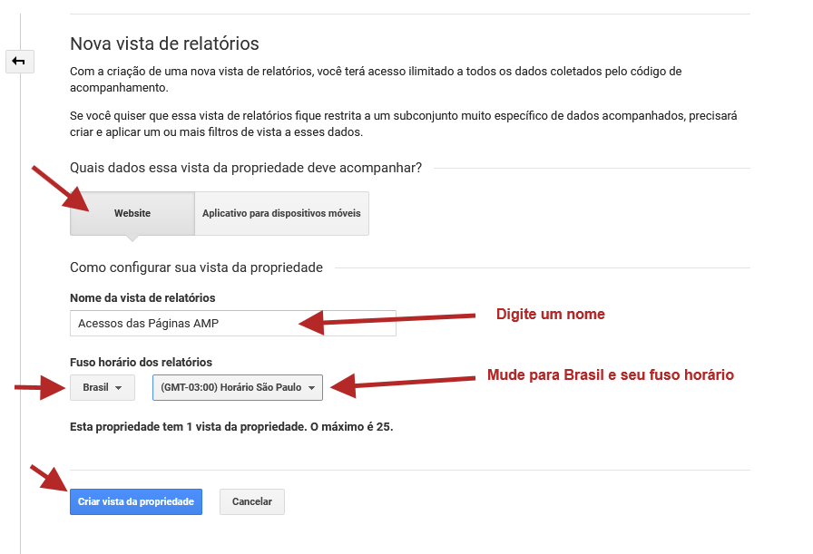 analytics google criar vista cadastro