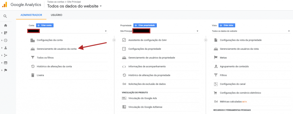 configurando analytics google Acesso usuario 