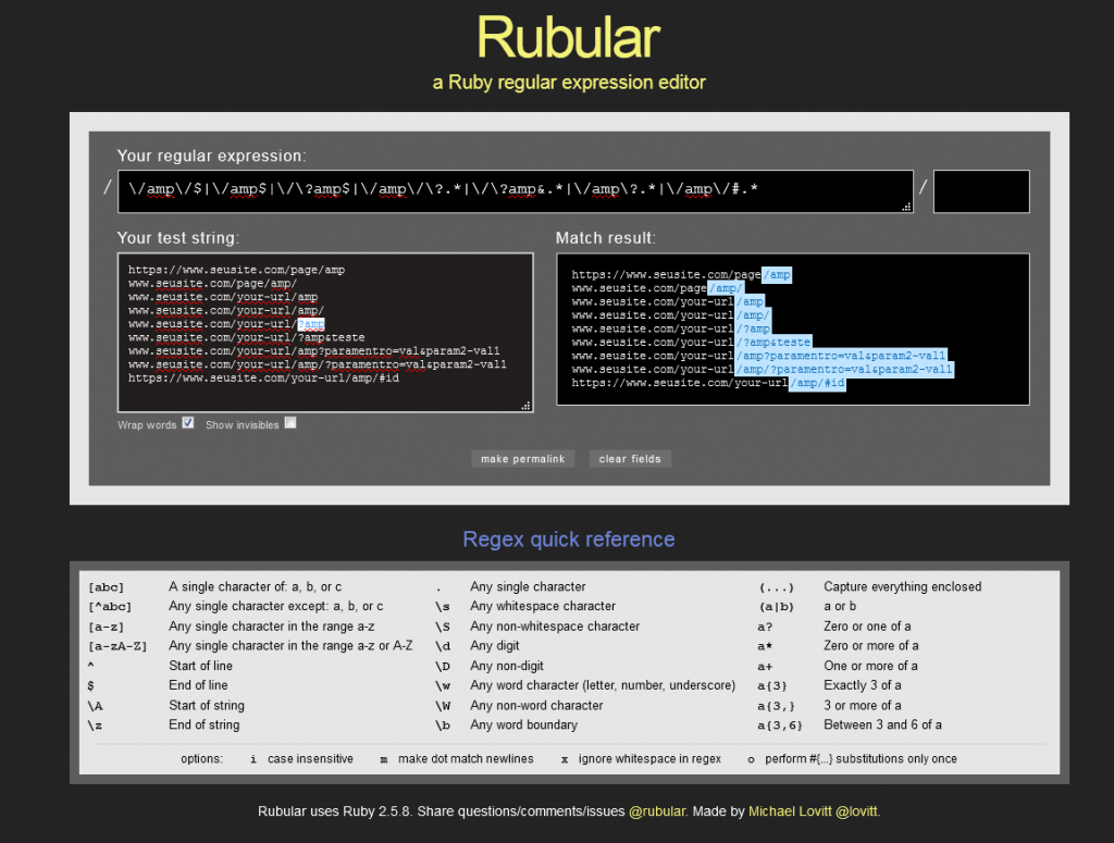 rubular Expressao Regular teste urls AMP Google Analytics